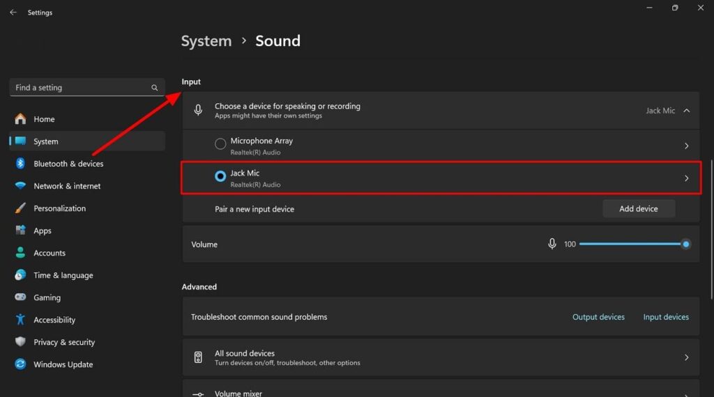 select mini mic for settings